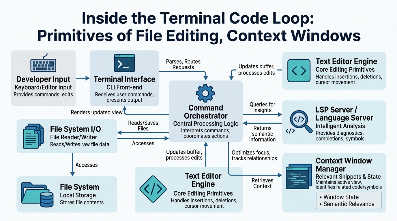 Inside the Terminal Code Loop: Primitives of File Editing, Context Windows, and