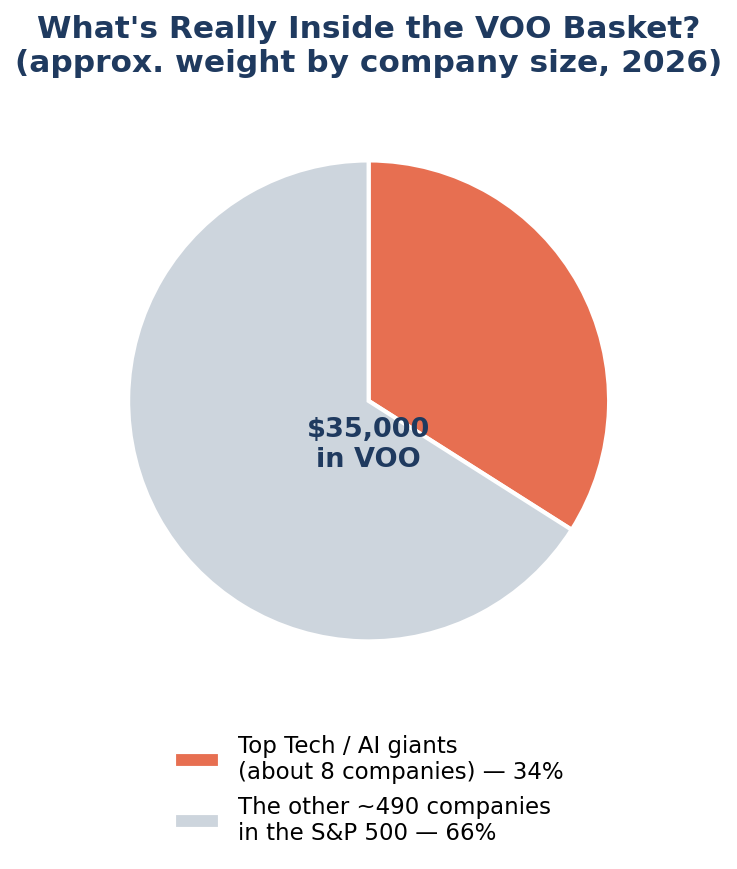 Pie chart showing that roughly 34% of VOO's value comes from about 8 large technology and AI companies, while the other 490 companies share the remaining 66%